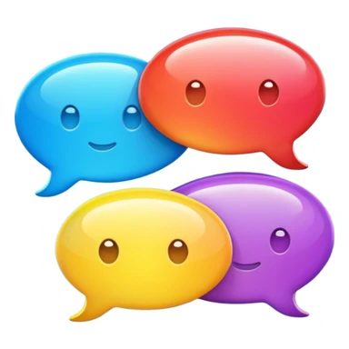Create an emoji-style icon with two overlapping chat bubbles and a small phone or info symbol, representing ‘Contact Us’. Cute, colorful, rounded design sticker