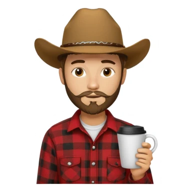 generate an ios genmoji of a 20 year old tan boy with a cowboy hat and side burn beard. Wearing a flannel and carrying a coffee mug sticker
