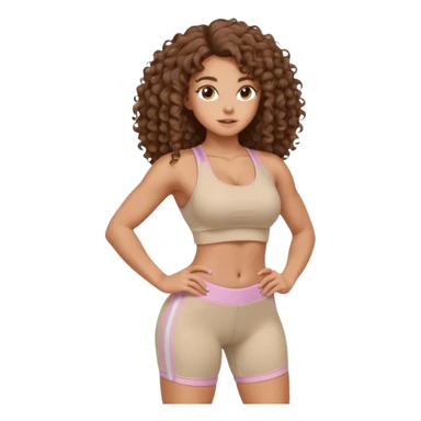 Create dream body girl with big glute and small waist and brown flat no volume curly long hair with pastel beige gym clothes  sticker