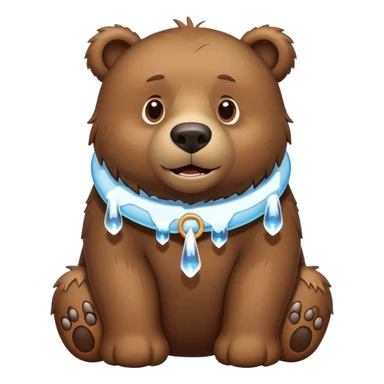 Realistic brown bear on all four legs with a large ice collar around its neck, shaped like a dog collar, with icicles hanging down from it, minimalist emoji style sticker