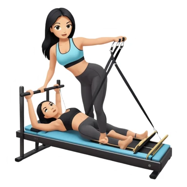 woman with tanned skin, long black hair, wearing a sports bra, doing exercise on a Pilates reformer machine sticker