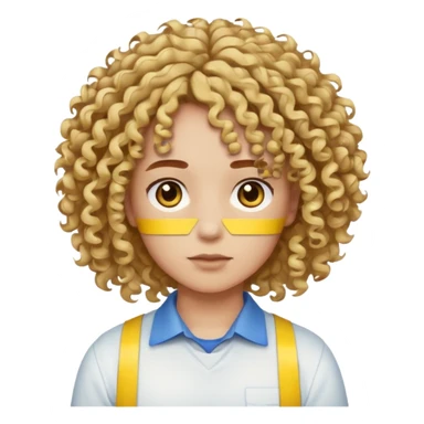 Make me an emoji that has a guy with a white shirt and yellow tape around the shirt with brown and blue spots hair make the hair curly make the yellow tape go around it sticker