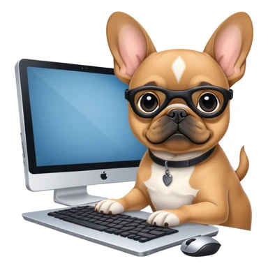Fawn Frenchie with black muzzle working behind computer sticker