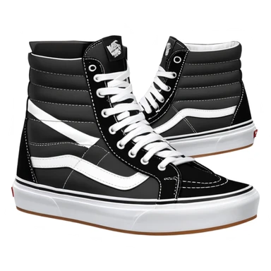 Pair of black Vans Sk8-Hi sneakers clearly arranged with one directly behind the other, high-top skate shoes with white jazz stripe, black canvas upper, white stitching, white rubber sole sticker
