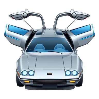 Retro-futuristic hover car inspired by the DeLorean, gullwing doors, silver metallic body with blue-tinted windows, stylized jet boosters in the back, flat vector style, outlined shapes, minimal design sticker