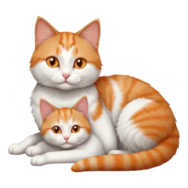 full body of a grey and white cat cuddling a very small + skinny ginger and white kitten with deep orange eyes and triangular shaped face lying down sticker