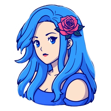 head portrait of anime girl with long dark blue hair, blue rose in hair, blue eyes, JoJo's Bizarre Adventure art style, dramatic look, head only sticker