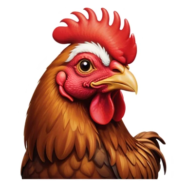 Cinematic Noble Brown Rooster Portrait Emoji, Poised and regal, with a robust, commanding build and a rich, well-groomed brown plumage, deep-set soulful warm eyes, Simplified yet sharp and sophisticated features, highly detailed, glowing with a soft, dignified glow, high shine, intelligent and proud, stylized with an air of rustic majesty, focused and attentive, soft glowing outline, capturing the essence of a watchful and confident leader, so majestic it feels as though it could crow out of the screen with effortless authority! sticker