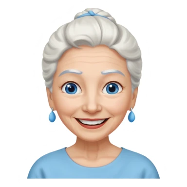 abuela con ojos azules, pelo blanco, pelo blanco y amarrado, aspecto feliz sticker