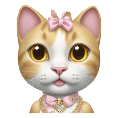 A white yellow jumbo cat wearing a pastel pink dress, a ribbon on its head, white Jordan shoes, Dior-branded gloves, a large gold necklace, and big silver earrings. sticker