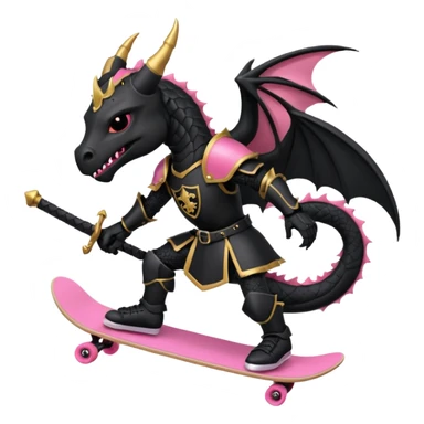 zwarte ridder met een zwarte zwaart en een zwarte schild met een zwarte draak op en hij skate met een roze skatebord sticker
