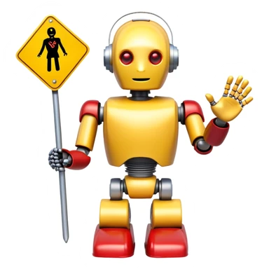 friendly robot with a helping hand and a warning sign representing an AI agent for reporting child abuse sticker