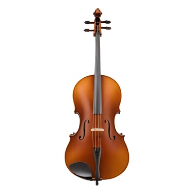 Create an elegant and refined emoji representing a Cremona 4/3F 4/4 cello with bow. The design should feature the distinctive, finely crafted body of the cello, highlighting its rich wooden finish and gracefully curved shape. The bow should be included, with visible horsehair and a polished wooden stick. Add subtle details like tuning pegs and strings to emphasize the precision and craftsmanship of the instrument. Use warm wood tones, deep brown, and soft metallic accents to reflect the high quality of the Cremona cello. The background should be transparent. sticker