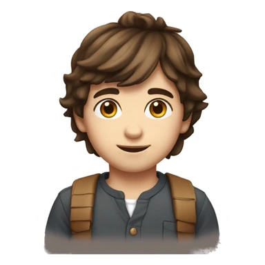 Young Boy, straight brown hair, brown eyes, white skin, birthday party hat sticker