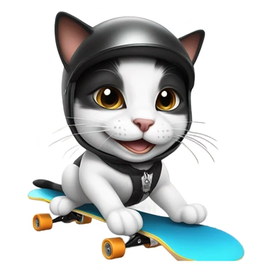 Grinning Black and white cat skateboarding with tiny crash helmet  sticker