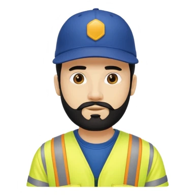 Man in yellow hi vis overalls, with black hair and full beard, wearing a dark blue baseball cap  sticker