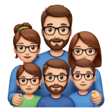 cheerful white European family, man with brown hair and beard, woman with brown hair in bun and glasses, 10-year-old boy with short brown hair, 8-year-old girl with long brown hair, 6-year-old boy with short red hair, emoji style sticker