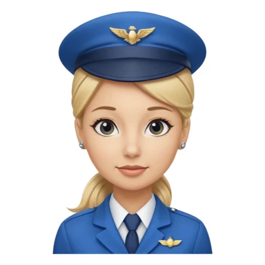 Create an emoji of a female flight attendant with blonde hair tied up, wearing a blue flight attendant hat and a blue flight attendant uniform. sticker