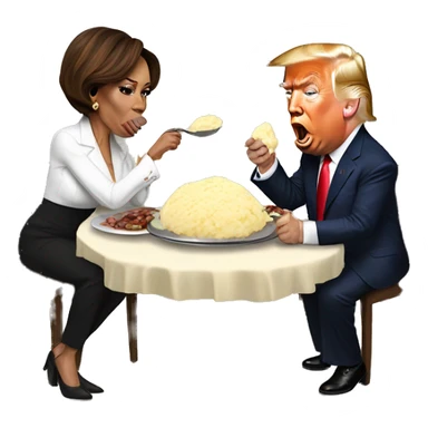 donald trump eating mashed potato’s with kamala harris who is eating a big beef steak. both of them are eating together.  sticker