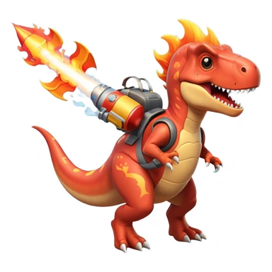 rocket-propelled dinosaur character, cute T-rex, rocket pack on its back, flames and smoke trail, dynamic flying pose, 3D cartoon, mobile game icon style, clean background, no text, no watermark
 sticker