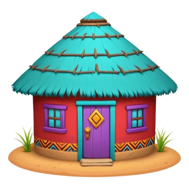 African mud hut tribal house, round adobe clay hut, thatched roof, bright colorful paint, walls in turquoise, red, yellow, purple, tribal patterns, cute mobile game icon, 3D cartoon, soft shadows, clean background, no text, no watermark sticker