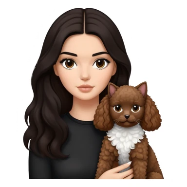 Kendall Jenner with long dark hair, holding a brown poodle and a black and white cat sticker