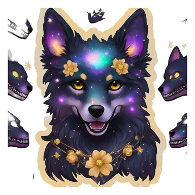 Black iridescent fluffy dog fox head zombie skull skeleton gold mechanical nebula galaxy stars colorful flowers fairy lights vintage sticker