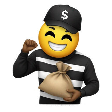 A yellow-faced emoji with a black mask, striped shirt, and a black cap smiles while holding a dollar-signed sack. The expression is friendly and playful. A normal emoji job position  sticker