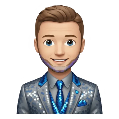 Justin Timberlake with light brown hair, blue eyes, sequin grey suit jacket sticker
