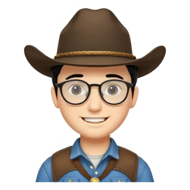 Smiling boy with cow boy hat and black hair  . With chin strap and black glasses  sticker