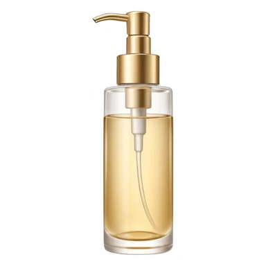 elegant semi-transparent pump bottle filled with pale golden to clear liquid, slightly glossy and lightweight, cylindrical bottle with curved pump top and clean lines, skincare product style, no label, no extras, soft lighting, subtle shadows, emoji scale sticker