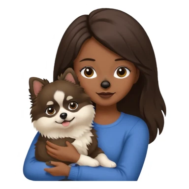 A brunette girl holding a Pomeranian dog who has black face but in the middle it’s white line sticker