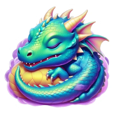 Meme-Worthy Cute Sleeping Dragon Portrait Emoji, Head resting peacefully with a contented smile, showcasing a sinuous, graceful build and a luxuriously soft, iridescent scaled body, eyes gently closed in serene, magical slumber, Simplified yet hilariously adorable features, highly detailed, glowing with a soft, drowsy mystical light, high shine, relaxed and utterly lovable, stylized with an air of playful fantasy, soft glowing outline, capturing the essence of a sleeping dragon that feels destined to become the next viral sensation of enchanted rest! sticker