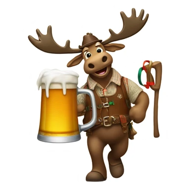 A moose with lederhosen skiing downhill holding a large stein of beer sticker