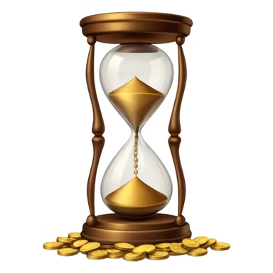 Realistic 3D render of a stack of shiny gold coins with brown hourglass beside it. The hourglass has transparent glass with dark golden-brown sand flowing inside and warm brown top and base. Soft lighting, clean white background, smooth shadows, high detail, symbolizing time and wealth. sticker