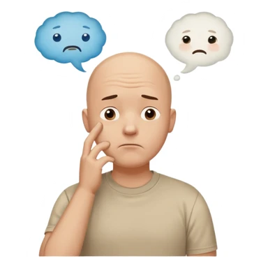 bald man with t-shirt, doubting face but not sad, hand on chin looking up, thought bubble sticker