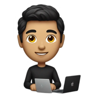 memoji of a man with a laptop in front, apple-style,modern,dark hair,black sweater,computer in hand, srilankan, he site on a desk sticker