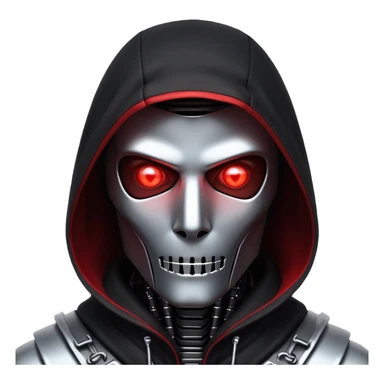 Evil robot hacker with glowing red eyes, dark hood, binary code, sinister expression sticker
