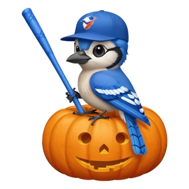 bluejay wearing MLB bluejay baseball hat holding a blue baseball  bat,  sitting on a Halloween pumpkin  sticker