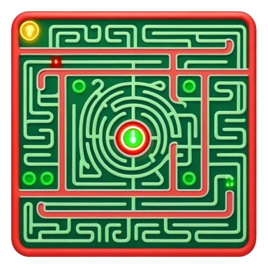 Create a realistic emoji of a maze with different patterns in red which show the wrong way and one way which shows the right way across the maze in green. The maze looks like its programmed with some electric, electronic features sticker