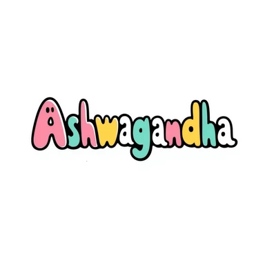 The word "Ashwagandha" hand-drawn in a vibrant tropical color scheme with pinks, teals, and yellows. Simple doodle style with minimal decoration. sticker