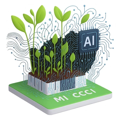 Add more machine learning elements such as neural network patterns, data flow, and algorithmic motifs, while maintaining the blend of natural resources and artificial intelligence. Remove the background to isolate the subject. sticker