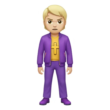 Create A Guy Wearing Light Skin Blond Hair Yellow Cross Purple Jacket Purple Pants And Mad Face sticker