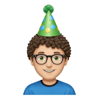 A white guy with curly brown hair and green eyes with a happy face, and wear square black glasses.He’s also got a full silver birthday party hat on his head with blue pom poms on top of it, and his T-shirt is all black, he wears a little gold circle earrings on his left  sticker
