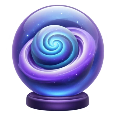 A glass sphere filled with swirling purple and blue dust, glowing softly, 3D. Use muted, calm purples and blues instead of bright neon tones, to create a harmonious and elegant look. sticker