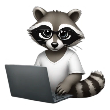 racoon wearing glasses and white tee working on a black laptop sticker