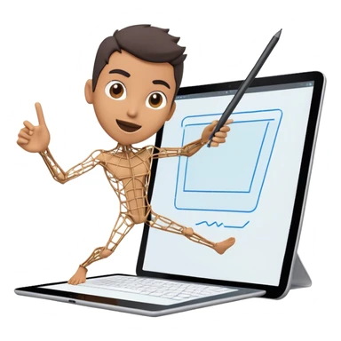 Create an emoji for 3D visualization and modeling. Show wireframe model that pops out from the screen of a large graphic tablet with a stylus drawing in a 3D modeling program. Use modern, professional colors. Do not include any emojis or smiley faces. Make the background transparent. sticker