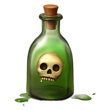 Mysterious Alchemical vintage glass potion bottle, exquisite bottle shape, old and shabby, with label, stylish and minimalistic, brown and shabby-green, oil potion is poured out of the bottle, herbal, flowers and oil is spilled next to it sticker