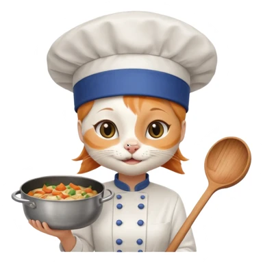 White girl cat with a chef hat holding a pan while smiling sticker