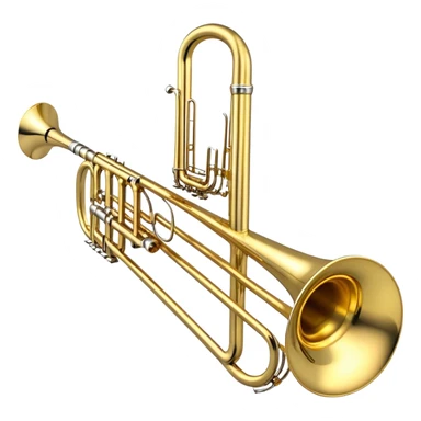 Create a sleek and professional emoji representing the Brahner TB-420 Bb/F tenor trombone. The design should feature the smooth, shiny brass body of the trombone with its distinct curved tubing and large bell. Highlight the tuning slide and the mouthpiece at the top of the instrument. The brass finish should be polished and reflective, with silver accents on the mouthpiece and tuning slide. Add subtle musical notes or soundwaves floating around the trombone to evoke its bold, brassy sound. Use golden and brass tones for the trombone with light reflections to emphasize its high-quality craftsmanship. The background should be transparent. sticker
